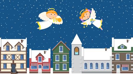 Winter landscape, Christmas angels above town in sky. Houses and snowy roofs, boy and girl with wings and halos throwing stars and playing trumpet. Vector illustration in flat cartoon styleのイラスト素材