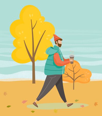 Man walking in forest or wood alone. Guy drinking coffee while strolling through vector lawn. Person in warm clothes like hat and jacket. Beautiful landscape of autumn park, fall weather illustrationのイラスト素材
