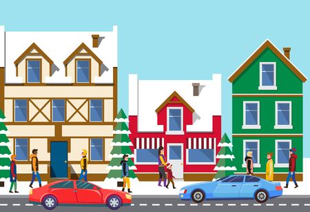 Old winter town vector, buildings exteriors with snow, cityscape with estates of citizens, Christmas street. Road with cars and transport, skyline with people walking on streets, flat style designのイラスト素材