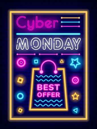 Cyber monday promotional poster vector. Neon effect of text and decorative elements. Store advertisement with best offer for clients. Cheap products sellout. Bag with geometric shapes and formsのイラスト素材