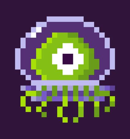 Pixel game character vector, isolated alien wearing protective costume, personage flying in space on spaceship, retro style pixelated creature monster. Pixeleted object for video-game or app 8bit gameのイラスト素材