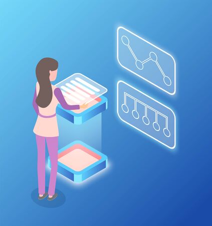 Woman standing by pedestal vector, 3d isometric female worker with organized information, working female controlling process, statistics and infographics isolatedのイラスト素材