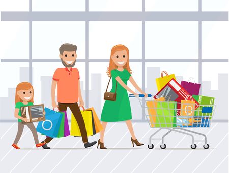 Mother, daughter and father in shopping mall together. Smiling family with shopping bags and supermarket trolley. Making purchases, buying stuff. Vector illustration in flat cartoon styleのイラスト素材