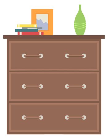 Furniture for home decor, isolated chest of drawers made of wooden material. Vase and picture frame on surface, books and publications on top of table. Vector illustration in flat cartoon styleのイラスト素材