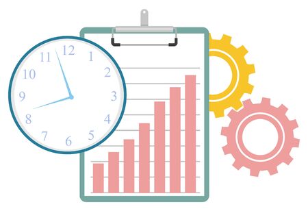 Cogwheels gears and tools for work optimization, isolated clipboard with growing chart. Time management clock with hands and hours. Vector illustration in flat cartoon styleのイラスト素材