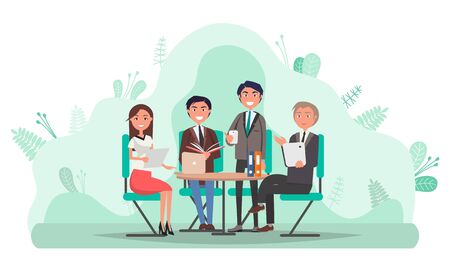 Office workers, business meeting of man and woman project managers. Smiling businessman boss and partners brainstorming people at work. Vector illustration in flat cartoon styleのイラスト素材