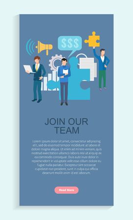 Join our team app slider, worker communication with laptop, teamwork development of finance. Loudspeaker and paper icon, employer strategy, business vector. Webpage or landing page template flat styleのイラスト素材