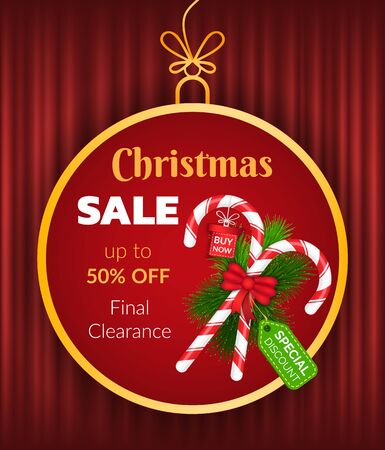 Christmas sale, up to 50 percent off on gifts. Special offers and discounts in stores in december. Vector Xmas ball with promotion captions. Final clearance on holiday presents, traditional candy caneのイラスト素材