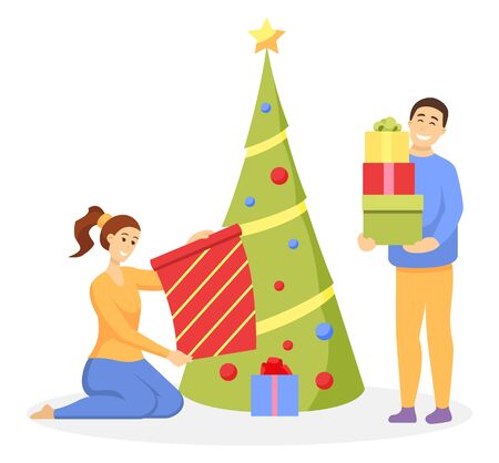 Christmas celebration vector, isolated people with presents by pine tree. Happy characters with gifts unpacking boxes on New Year eve. Man and woman by spruce decorated with baubles and star on topのイラスト素材
