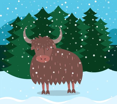 Pine forest vector, winter landscape in woods. Bull with horns outdoors. Animal standing by firtree. Natural surrounding of domesticated mammal. Cold weather, snowfall in rural area flat styleのイラスト素材