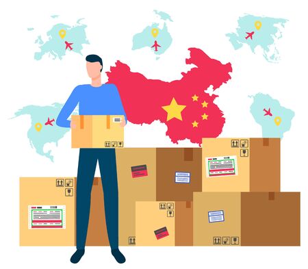 Partnership with asian country vector, man holding package, box with labels and tapes. Chinese borders and flag, worker with order, shipment and delivery of cargo for clients, international businessのイラスト素材