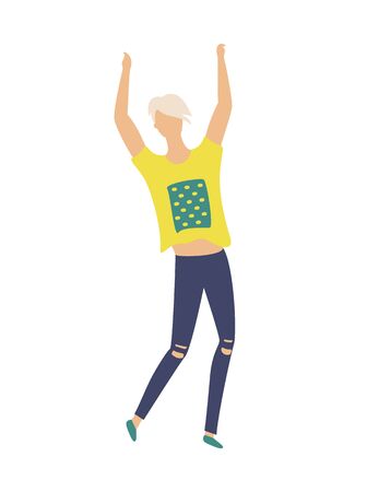 Blond dancing young man in yellow t-shirt and modern jeans isolated cartoon character. Vector fashionable teenage dancer entertain on disco party, flat styleのイラスト素材
