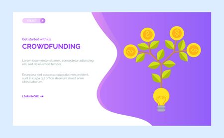 Crowdfunding homepage decorated by symbol of cash, money tree with coins, plant with leaves and currency, finance project online, payment vector. Website or webpage template, landing page flat styleのイラスト素材