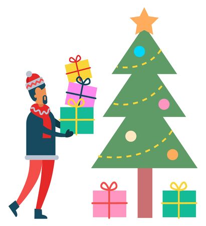 Christmas and winter holidays celebration vector, isolated pine tree and male carrying gifts. Father hiding presents for family under spruce decorated with baubles and garlands. Flat style xmasのイラスト素材