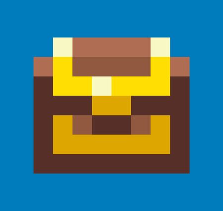 Pixel game graphics element vector, isolated icon of wooden casket with wealth, locked container with richness, mosaic design of 8 bit gamificationのイラスト素材