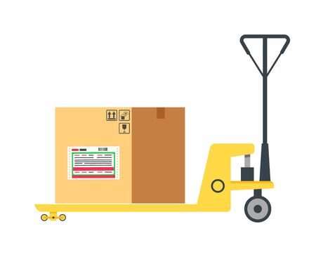 Worldwide delivery, paper container or cardboard box on cart, goods on truck, international transportation, import or export of goods, post office vectorのイラスト素材