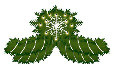 Branches of spruce organized in circle and lines vector. Decoration for Christmas and winter holidays celebration. Fir with garlands and snowflake ornaments in centerpiece. Evergreen pine decorのイラスト素材