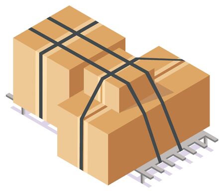 Cardboard boxes tied together with black rope on stand for transportation. Carton container, closed parcel, packaging for delivery 3d isometric vector illustrationのイラスト素材