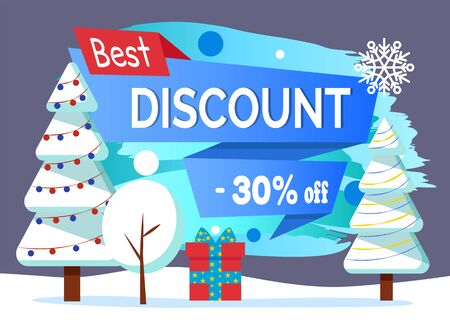 best discount 30 percent off, banner with stripes and winter landscape. Forest with trees and flora covered with snow. Snowy pines and spruce and present in box. Gift wit wrapping paper vectorのイラスト素材