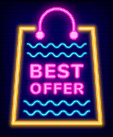 Promotional banner with bag and wavy lines inside vector. Best offer form shops and stores, discounts on holiday. Clearance on market featuring production with discounts flat style illustrationのイラスト素材