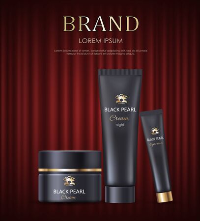 Container with cosmetics and production for women vector, products for skincare. Lotions with vitamins and moisturizing elements. Red curtain theater backgroundのイラスト素材