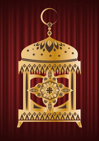 Islamic symbols with crescent and stars. Ramadan Kareem Muslim holiday golden lanterns. Eid Mubarak greeting, arabian ornament vector illustration. Red curtain theater backgroundのイラスト素材