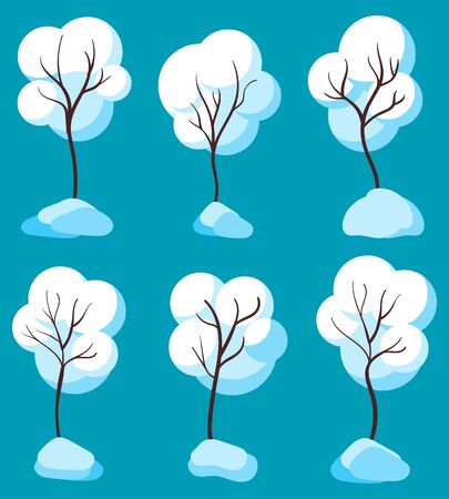 Trees covered with snow vector, isolated set of seasonal botanical elements. Plants with black branches under snowflakes. Wintertime flora for landscape drawing design. Flat style illustrationのイラスト素材