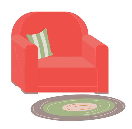Comfortable relaxation place retro red upholstered armchair with striped pillow and rug on floor. Vector vintage seat, standard leather sit, interior designのイラスト素材