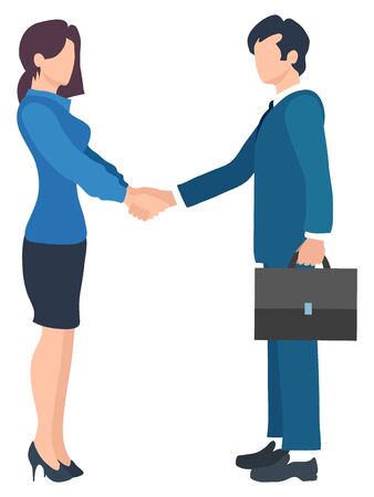 Man and woman on meeting vector, isolated character handshake of male and female. Boss and leader, entrepreneur and director holding case with contract. Gender equality in businessのイラスト素材