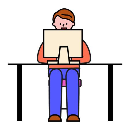 Freelancer working on business project. Isolated character looking at screen of gadget. Student learning at online courses. Office worker or programmer at work vector in flat style illustrationのイラスト素材