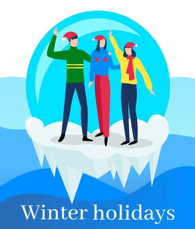 People in snowball glass waving hands and posing vector. Winter holidays celebration. Man and woman wearing santa claus hats and warm clothes standing on icicle and frozen ground flat illustrationのイラスト素材