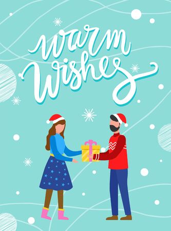 Warm wishes postcard decorated by snowflakes pattern. Man and woman characters wearing Santa hat and holding gift box. Christmas greeting card in blue color, people standing with present vectorのイラスト素材