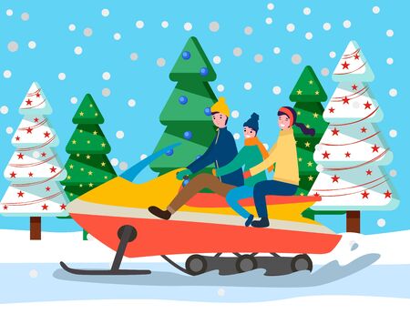 Smiling family sitting on sleigh car and riding near fir-trees with garlands. People going in snow-falling weather. Happy parents and child driving winter auto and traveling near snowy spruceのイラスト素材
