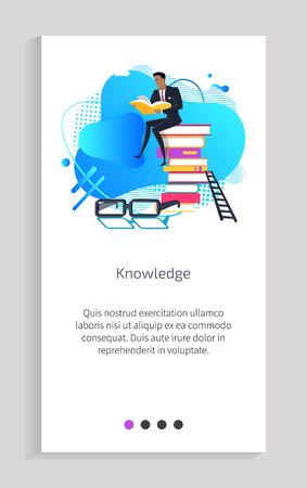 Knowledge person reading books vector, male sitting on pile of publication, ladder and glasses, poster with text sample person wearing formal suit. Website or app slider, landing page flat styleのイラスト素材