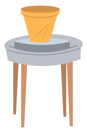 Clay pot standing on special wheel equipment, table or chair, brown pot. Earthenware element of decoration, handmade simple souvenir, hobby element vectorのイラスト素材