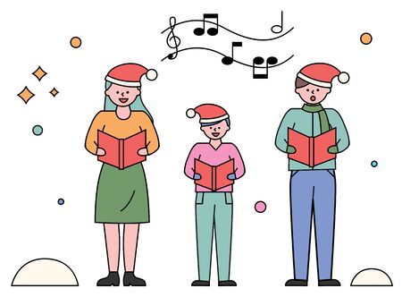 People singing carols on christmas vector. Family wearing santa hats holding sheet notes. Musical performance of man and woman with kid. Parents and child on xmas celebration chorus of charactersのイラスト素材