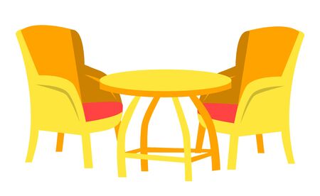 Chair and round table in yellow color, wooden furniture on white, element of cafe or restaurant. Empty seat and dining place, meeting element, interior symbol, cafeteria sign, business vectorのイラスト素材