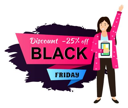 Sale on smartphones on black friday. 25 percent off price on mobile phones in autumn season. Shopping small girl holding box with new cell. Happy customer using discounts and offers of shop vectorのイラスト素材