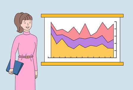 Woman with documents in clipboard vector, whiteboard with infocharts and timeline with info about project development, growing flowcharts on boardのイラスト素材