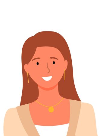 Smiling woman, userpic of online consultant or helper, female avatar isolated on white. Vector pretty long hair girl with necklace and earrings, portrait viewのイラスト素材