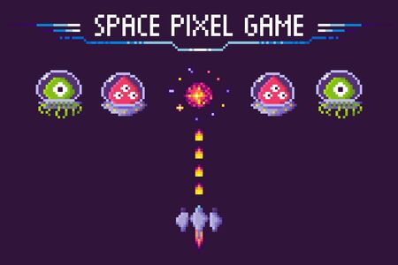 Pixelated characters and spaceship vector, pixel game with fight. Aliens in costumes, burst in sky...