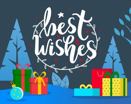Best wishes and merry christmas caption. Winter decoration for event of festive garland and balls. Vector colorful boxes with presents inside and tied with ribbon. Trees in forest on backgroundのイラスト素材