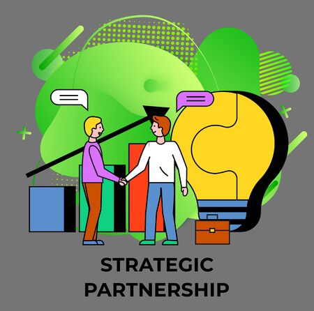 Business conversation for strategic partnership. Two people stand near statistics chart. Guys shake hands to sign agreement. Data diagram with arrow and light bulb on backdrop. Vector illustration flatのイラスト素材