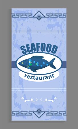 Seafood restaurant or cafe poster, logotype with  on it. Food cooked from water animals. Delicious dishes for gourmets. Blue menu with  and marine habitat vector illustration flat styleのイラスト素材