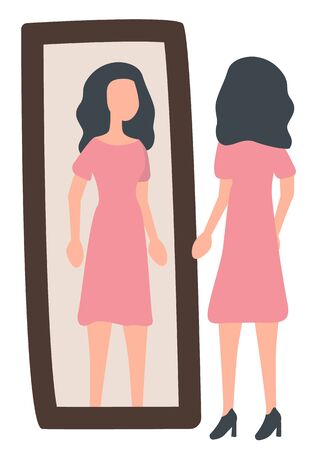 Brunette woman near mirror trying on new pink feminine dress. Female customer in fashion boutique choosing cloth. Fitting room vector illustrationのイラスト素材
