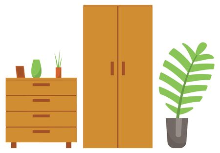 Chest of drawers and houseplant vector, isolated furniture for home interior. Wooden products with shelves and frame for photo vase with flowers flat styleのイラスト素材