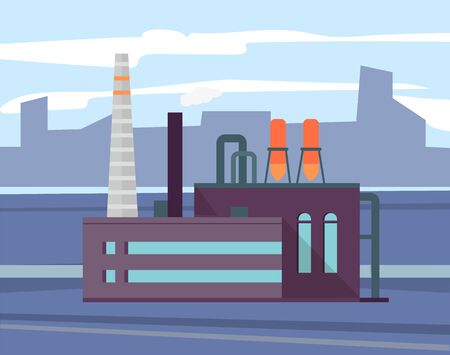 City and development of manufacturing and production making vector, factory with pipes and technologies. Powerplant with turbines, smog and cityscapeのイラスト素材