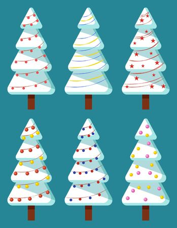 Snowy fir-tree symbol decorated by garland. Christmas tree set with snow and decoration object. Winter holiday card with Xmas wood on blue color. Poster with spruce celebration element vectorのイラスト素材