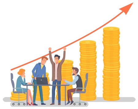 Cheerful colleagues sitting around table with laptops and gadgets and working, growing red arrow graph and stack of coins on background vector illustrationのイラスト素材