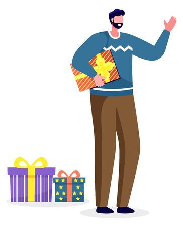 Bearded man holding gift in hands. Isolated male character wearing warm knitted sweater greeting with christmas holidays. Personage with present for special occasion celebration. Vector in flatのイラスト素材